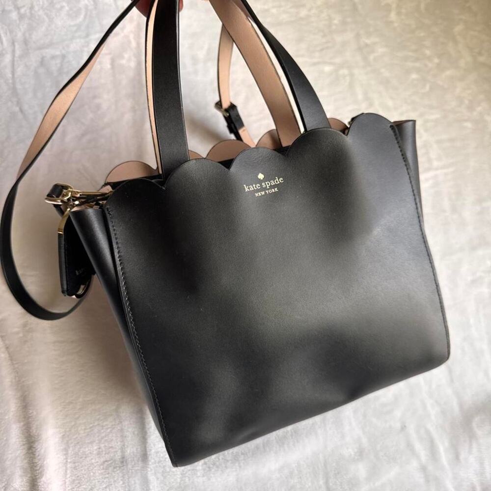 Kate Spade Black Scalloped Leather Top Handle Crossbody Tote Bag